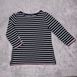 Tommy Hilfiger Coastal Chic Stripe Boat Neck Top Navy White Red Trim Women's S‎
